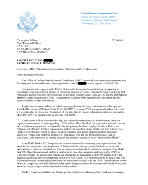 Epec's ITAR Certification