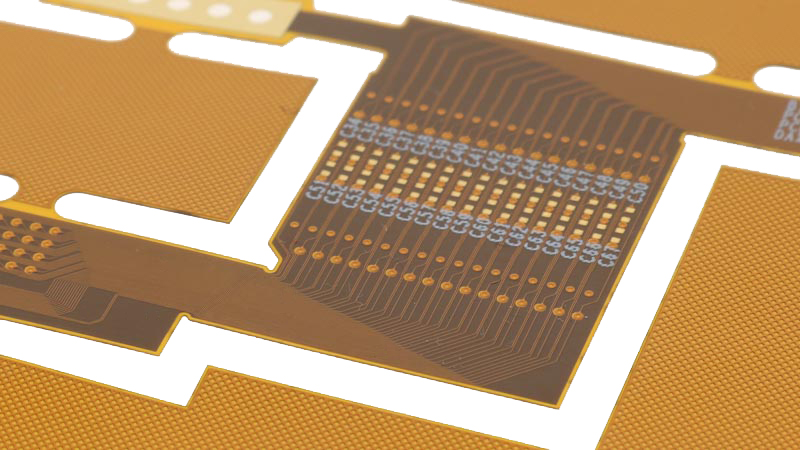High-density flexible circuit with showing openings in coverlay.